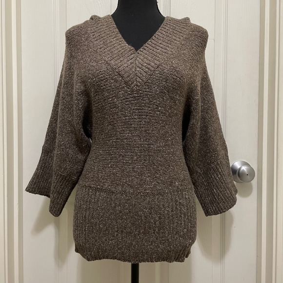 Anthropologie Kenji Hooded Knit Sweater 3/4 Dolman Sleeves V Neck Brown Small - Picture 5 of 9